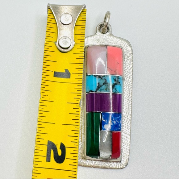 Native Inspired Stone Inlay Pendant Colorful Geometric Silver Tone - Picture 4 of 5